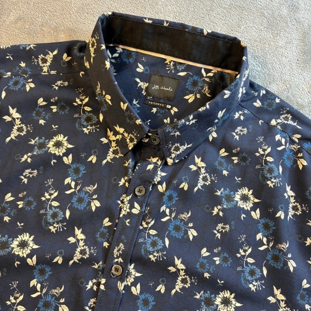 JB Holt Buckle Mens XL Tailored Floral Button Down Shirt Navy Blue Short Sleeve